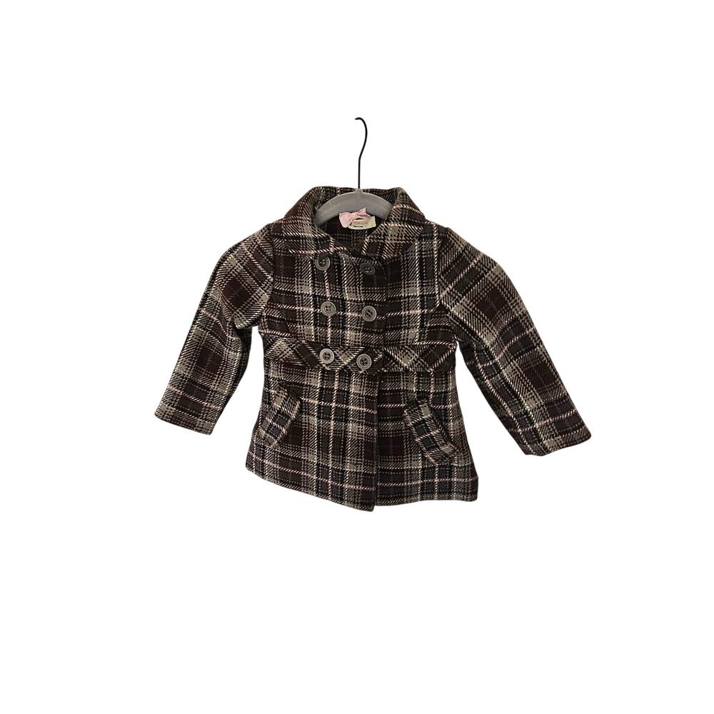 Vintage H&M Toddler Girls Gray & Pink Plaid Double-Breasted Peacoat.